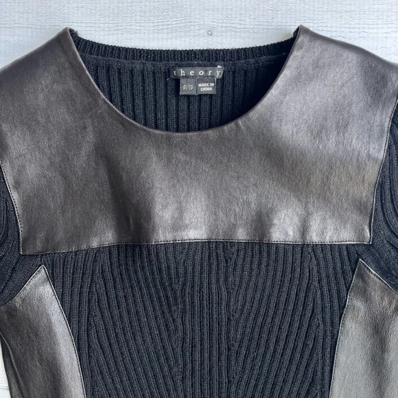 Theory Black Lambskin Leather Trim Long Sleeve Stretch Sweater Dress Size P/TP - Picture 10 of 11